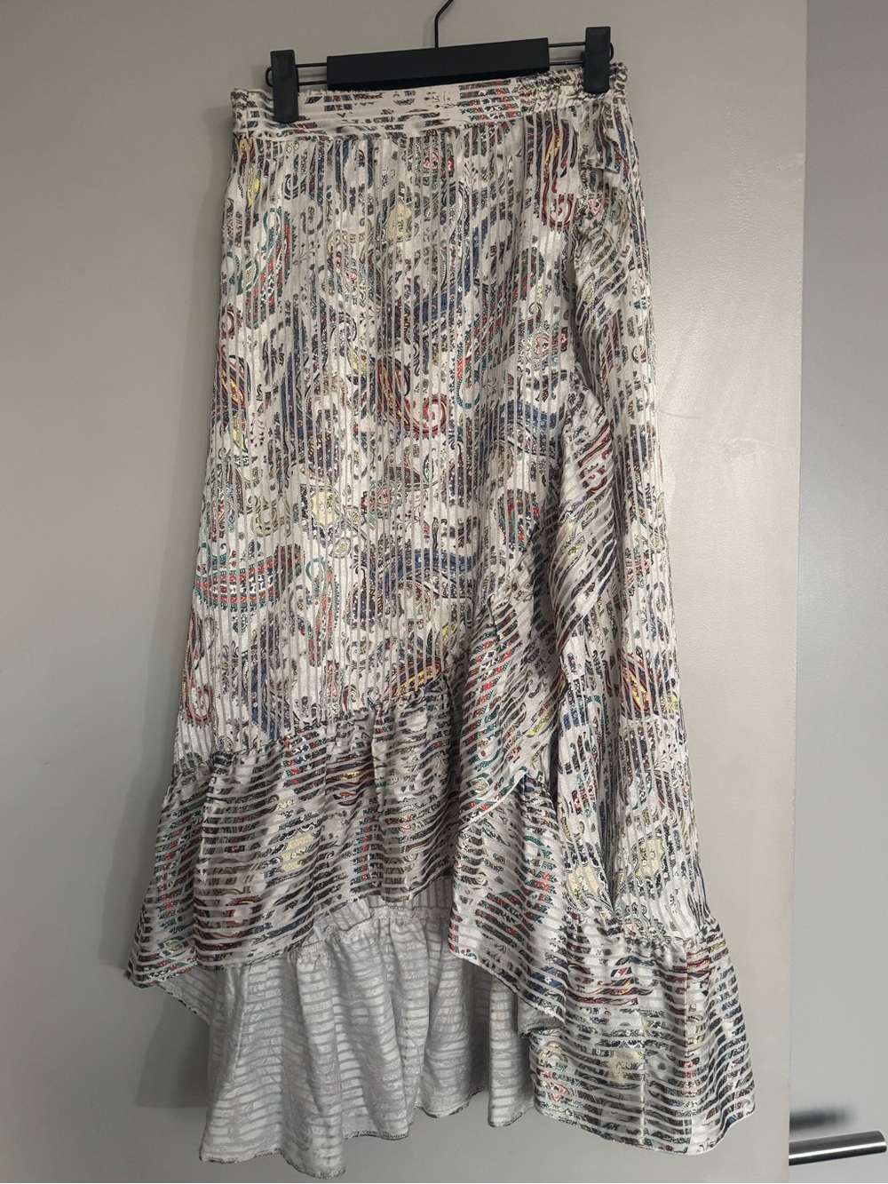 Maje Johno Ruffle Asymmetric Midi Skirt Ivory Multi Print Size 1 (US XS)